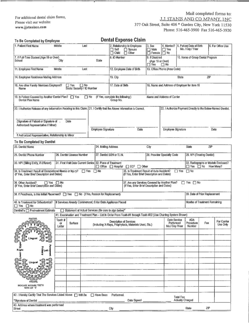 New Dental Claim form from JJ Stanis Rockville Centre Teachers